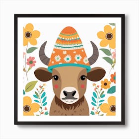 Floral Baby Bison Nursery Illustration (20) Art Print