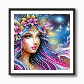 Mermaid Girl With Flowers Art Print