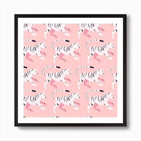 White Tiger Pattern On Pink Square Art Print