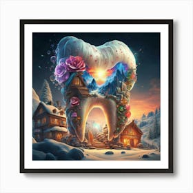 , a house in the shape of giant teeth made of crystal with neon lights and various flowers 7 Art Print