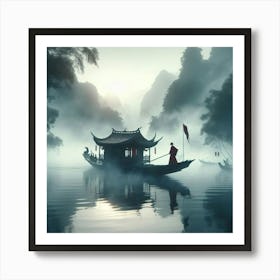 Chinese Boat In Mist Art Print