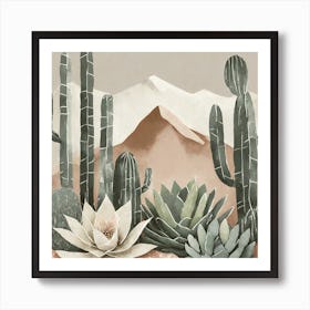 Firefly Modern Abstract Beautiful Lush Cactus And Succulent Garden In Neutral Muted Colors Of Tan, G (15) Art Print