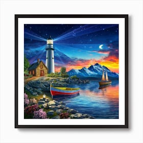 Lighthouse At Night Art Print