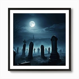 Gravestones Casting Long Ominous Shadows Under A Full Moon A Rising Mist Shrouding The Undead Figu (5) Art Print