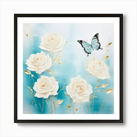 White Roses With Butterfly Art Print