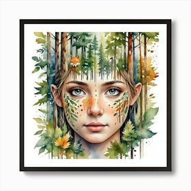 Watercolor Of A Girl In The Forest 2 Art Print