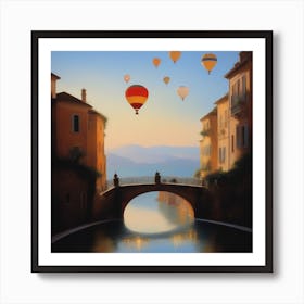 Hot Air Balloons Over A Bridge Art Print