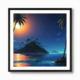 Serene Tropical Island at Moonlit Night With Glistening Ocean Waters Art Print