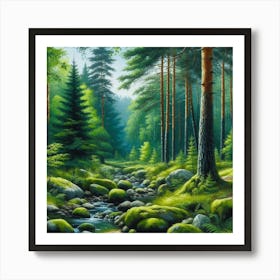 Stream In The Forest, Acrylic Painting Style 3 Art Print