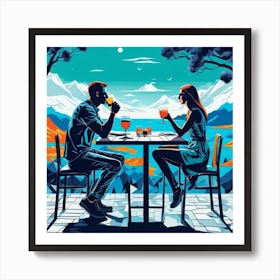 Couple Sitting At Table In The Mountains Art Print