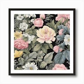 Floral Wallpaper - Black Art Print