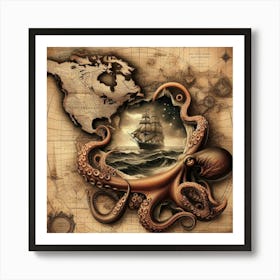 Octopus On A Map 1 Art Print