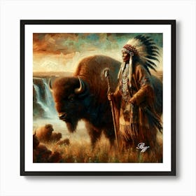 Native American Indian And Buffalo Copy 2 Art Print