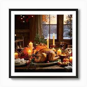 An Inviting Feast Unfolds In A Homey Abundant Setting Right At The Center A Roasted Turkey Radiati (1) 2 Art Print