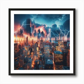 Lightning Over A City Art Print