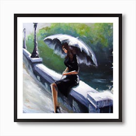 An oil painting of a woman sitting on the bench wearing a black dress holding a umbrella Art Print