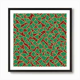 A Tile Pattern Featuring Abstract Geometric Shapes, Rustic Green And Red Colors, Flat Art, 196 Art Print