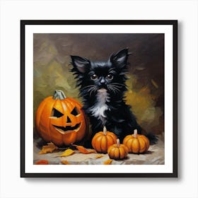 Black Cat With Pumpkins Art Print