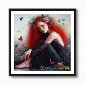 Red Haired Girl With Butterflies Art Print