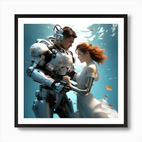 3d Dslr Photography Couples Inside Under The Sea Water Swimming Holding Each Other, Cyberpunk Art, By Krenz Cushart, Wears A Suit Of Power Armor Art Print