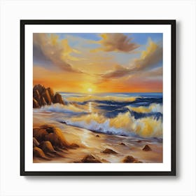 The sea. Beach waves. Beach sand and rocks. Sunset over the sea. Oil on canvas artwork.31 Art Print