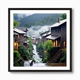 Rain In A Mountain Village Falls On Crowded Houses And Trees And Water Flows Between Alleys Art Print