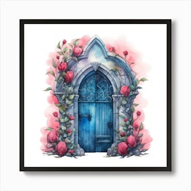 Blue Door With Roses Art Print