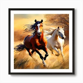 Two Horses Running In The Field Art Print