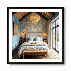 Bedroom With Floral Wallpaper 3 Art Print