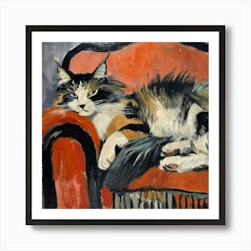 Cat On Red Chair Art Print