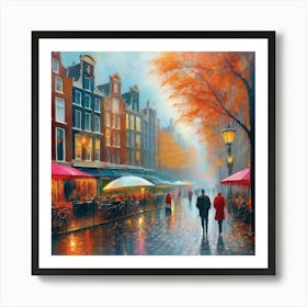 Amsterdam cafes, autumn season, rain, autumn oil colours.Faded colours,People passing on the street, winter clothes, rain umbrellas.7 Art Print