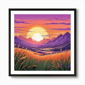 Summer Landscape Sunset In The Desert Cartoon Style Sunset Landscape With Grass Field And Trees (2) Art Print