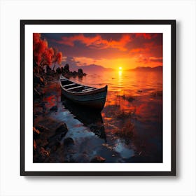 Sunset Boat,Sunset over tranquil seascape sailboat reflects multi colored sky Art Print