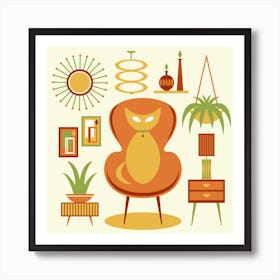 Midcentury Cat with Furniture Illustrated Art Print