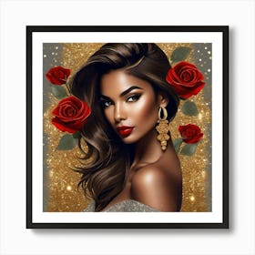 Woman With Red Roses Art Print