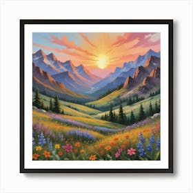 Sunset in the Mountains, Boho Landscape, Wildflowers Art Print 1 Art Print