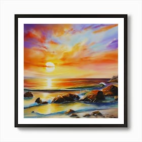 Artwork, oil colors, sea and sunset, seashore, beach rocks.San Francisco, USA.2 Art Print