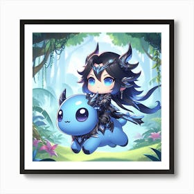 Girl Riding A Blue Dragon Art Print