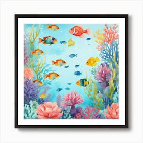 Peaceful Retreat Combine, Featuring Soft Watercolor Florals In Pastel Shades With C ,COLOR FISHES , SEA ART ,Seamless Pattern With Corals And Fish Art Print