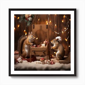 Two Squirrels With Christmas Decorations Art Print