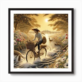 Young boy ridding the bicycle with golden coins in the basket Art Print