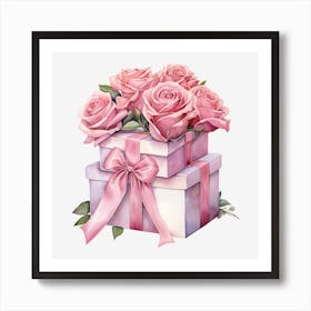 Pink Roses In A Gift Box 3 Art Print