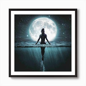 Moonlit Reflections: A Stunning Image of a Woman in Water Under a Full Moon Art Print