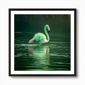 Firefly Whimsical Green Flamingo Gliding On A Glass Lake 44445 (2) Art Print