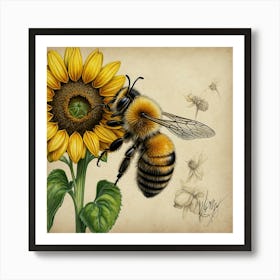 Bee And Sunflower Art Print