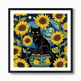 Black Cat With Sunflowers 1 Art Print