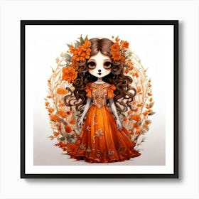 Firefly Character, Girl, Big Eyes, Orange, White, Flowers, Wreath, Curly Hair, Long Dress, Floral, P Art Print