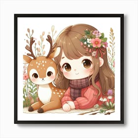 Cute Girl And Deer Art Print