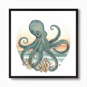 Storybook Style Octopus With Sunset 1 Art Print