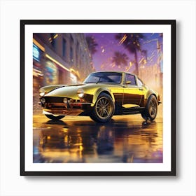 Golden Car In The Rain Art Print